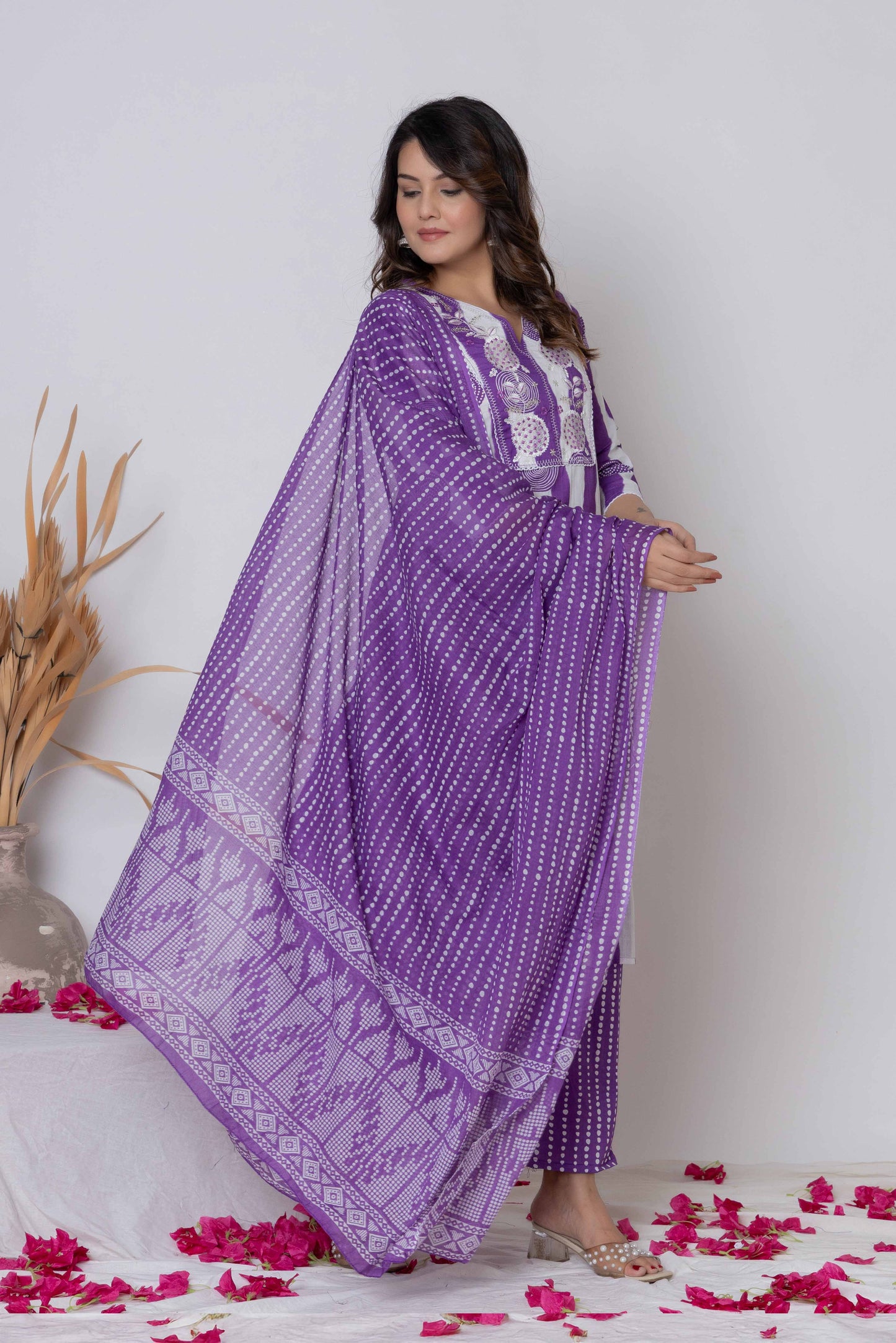 Noor Aura Bandhani Stripe Printed Cotton Kurta Set