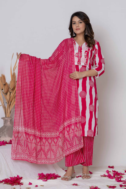 Noor Aura Bandhani Stripe Printed Cotton Kurta Set