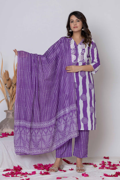 Noor Aura Bandhani Stripe Printed Cotton Kurta Set