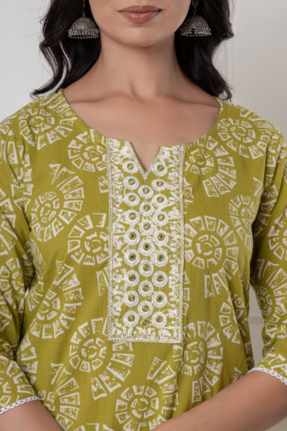 Purple/yellowish green color with Embrodiery work cotton Kurti 3Pc Set