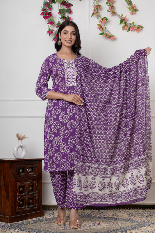 Purple/yellowish green color with Embrodiery work cotton Kurti 3Pc Set