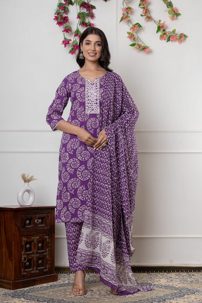 Purple/yellowish green color with Embrodiery work cotton Kurti 3Pc Set