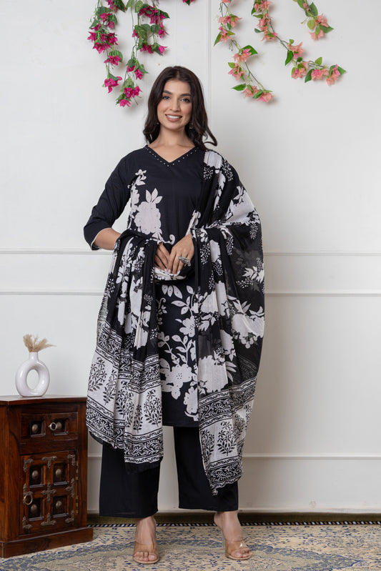 Black/Wine/Peacock floral print Cotton Suit Set