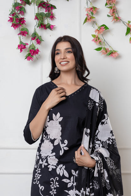 Black/Wine/Peacock floral print Cotton Suit Set