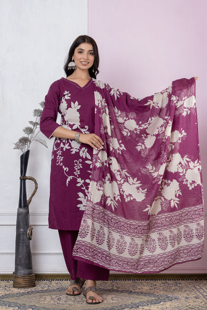 Black/Wine/Peacock floral print Cotton Suit Set