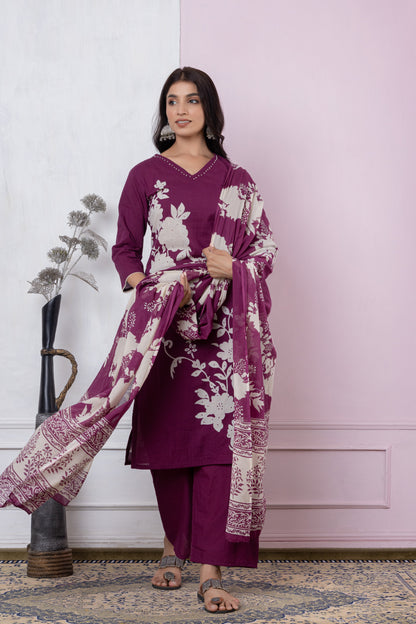 Black/Wine/Peacock floral print Cotton Suit Set