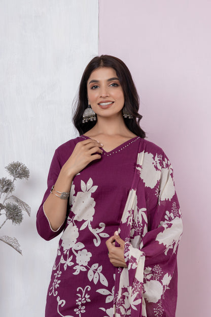 Black/Wine/Peacock floral print Cotton Suit Set