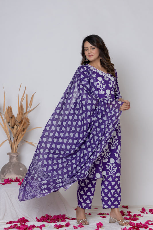 Floral block print Kurti 3Pc Set