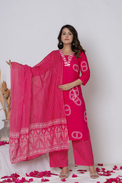 Rani Pink / Lemon Yellow/ Lavendar Cotton Suit Set