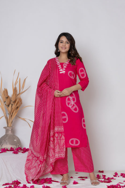 Rani Pink / Lemon Yellow/ Lavendar Cotton Suit Set