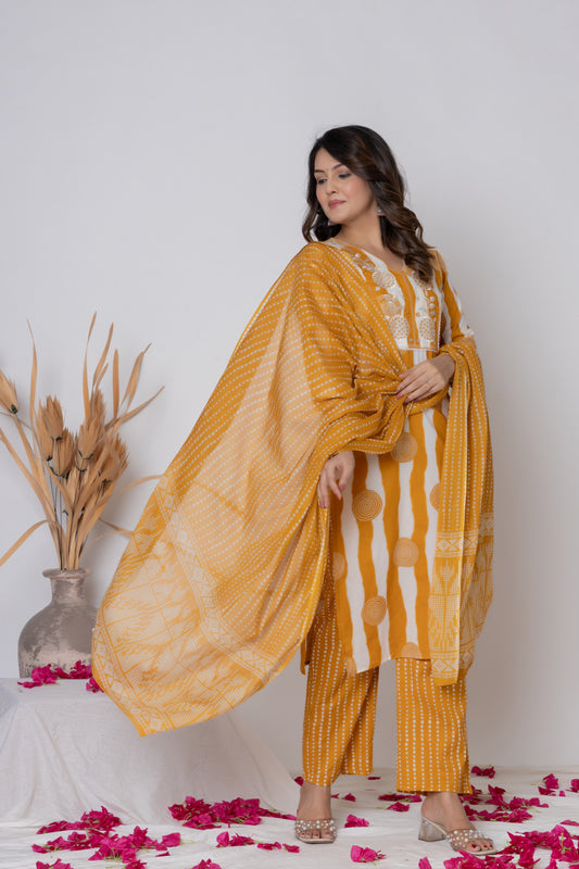 Stripped dotted print Cotton kurta Suit Set