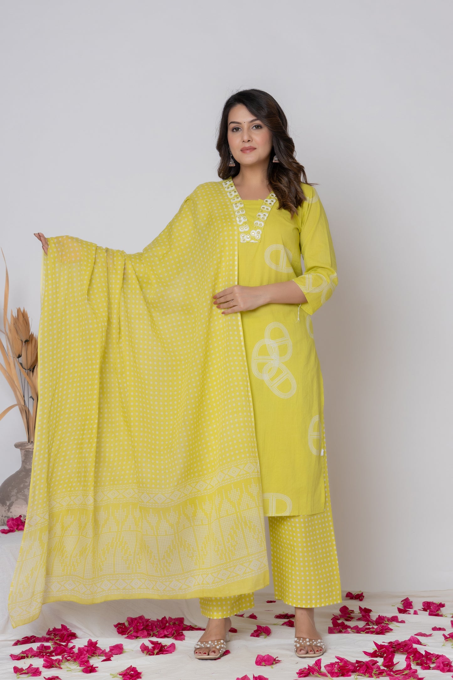 Rani Pink / Lemon Yellow/ Lavendar Cotton Suit Set