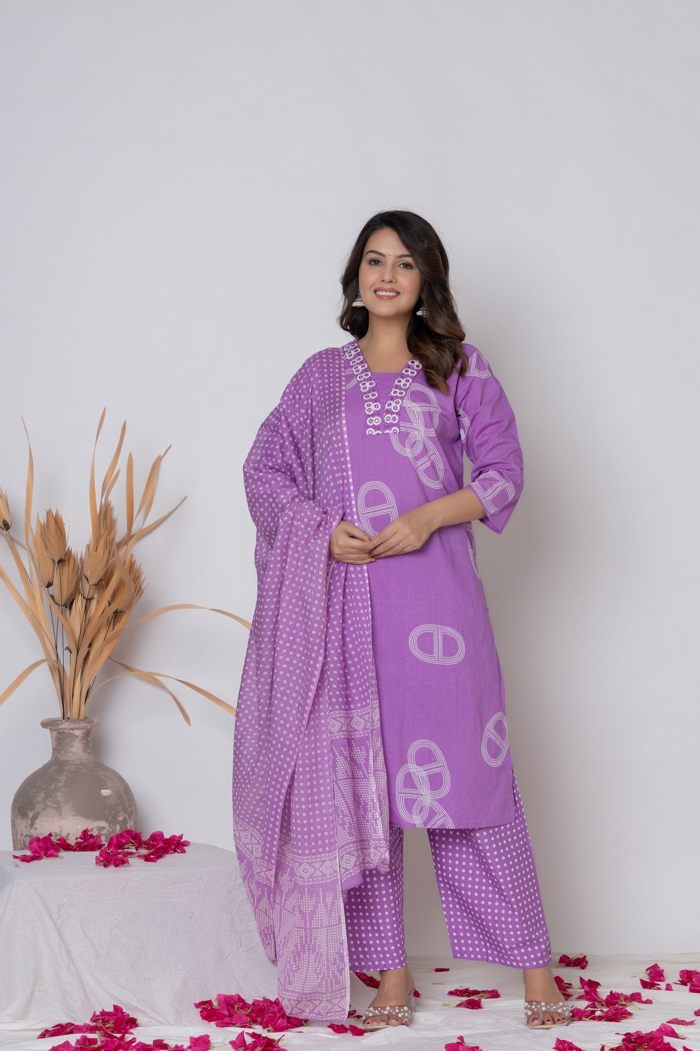 Rani Pink / Lemon Yellow/ Lavendar Cotton Suit Set