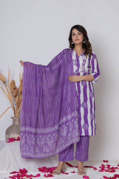 Stripped dotted print Cotton kurta Suit Set