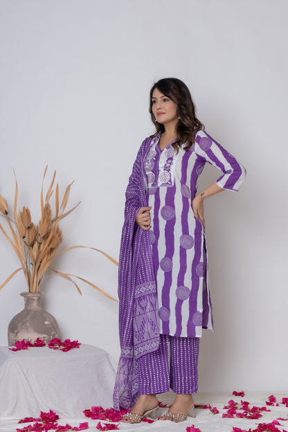 Stripped dotted print Cotton kurta Suit Set