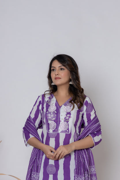 Stripped dotted print Cotton kurta Suit Set