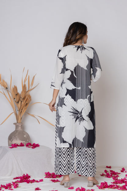 White&black Floral Print cotton Kurti 3Pc Set