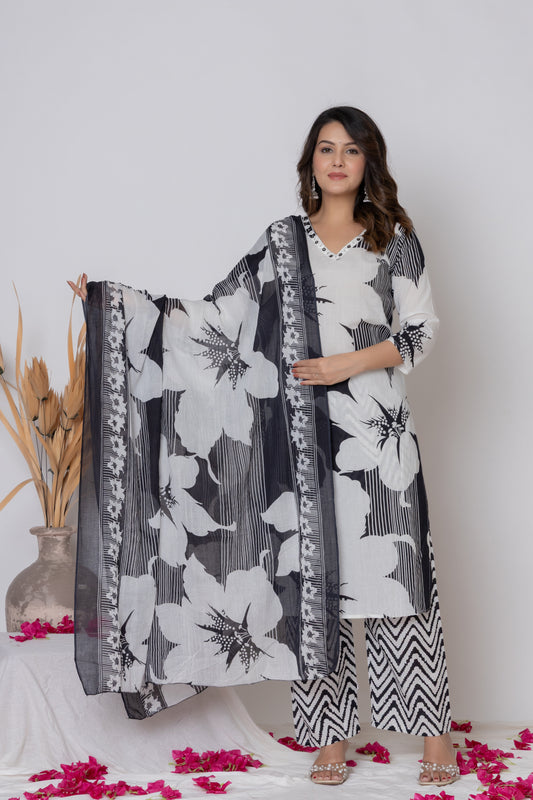 White&black Floral Print cotton Kurti 3Pc Set