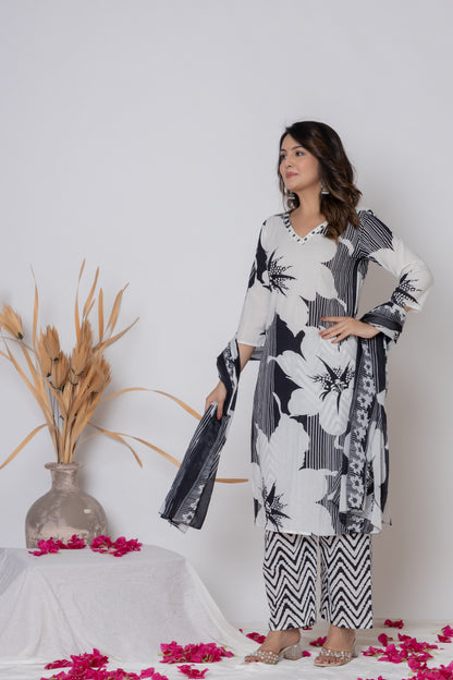 White&black Floral Print cotton Kurti 3Pc Set