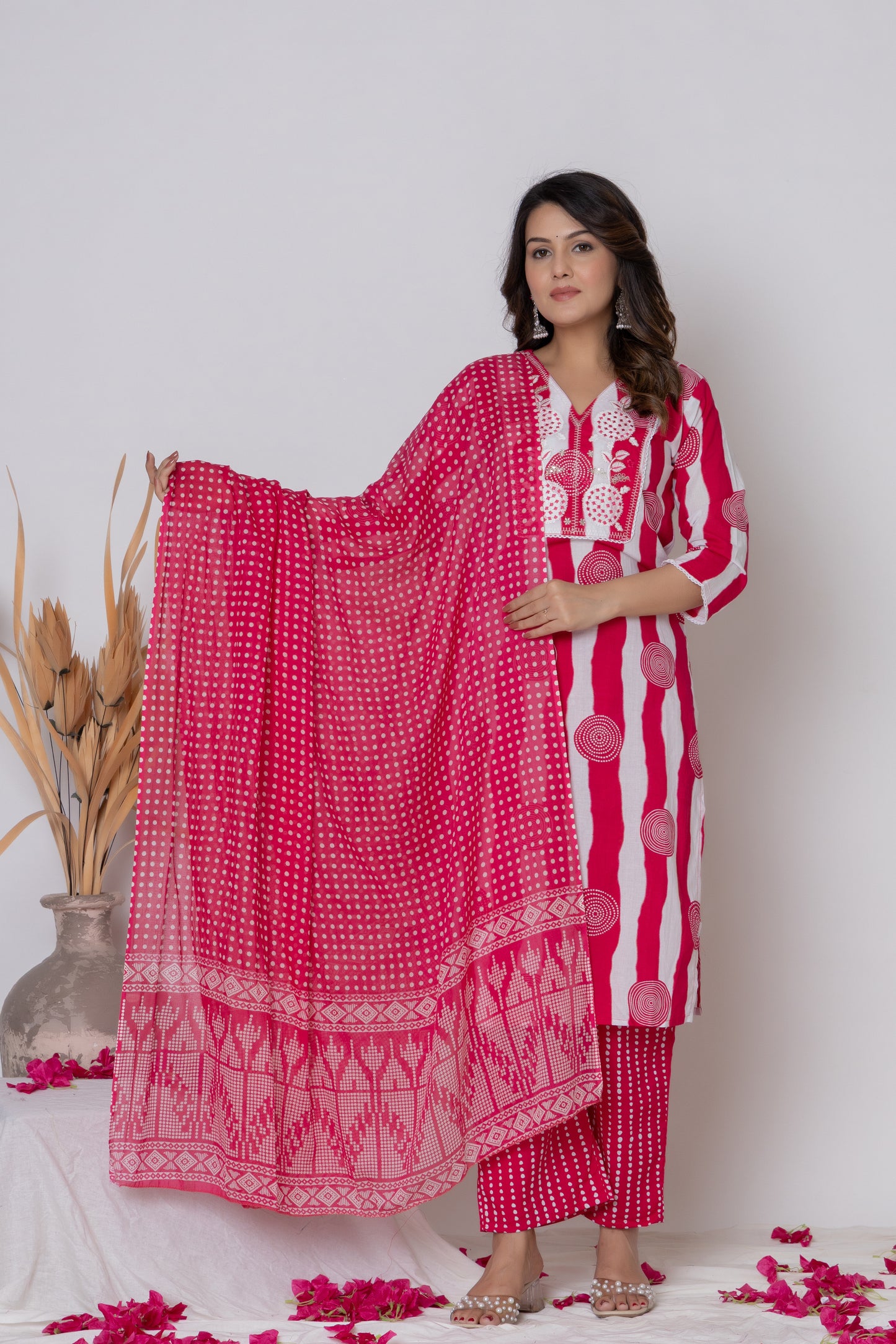 Stripped dotted print Cotton kurta Suit Set