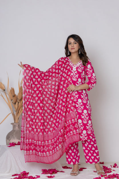 Floral block print Kurti 3Pc Set