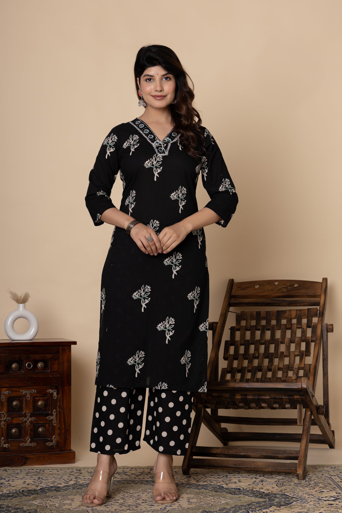 Black/Wine floral cotton kurta set