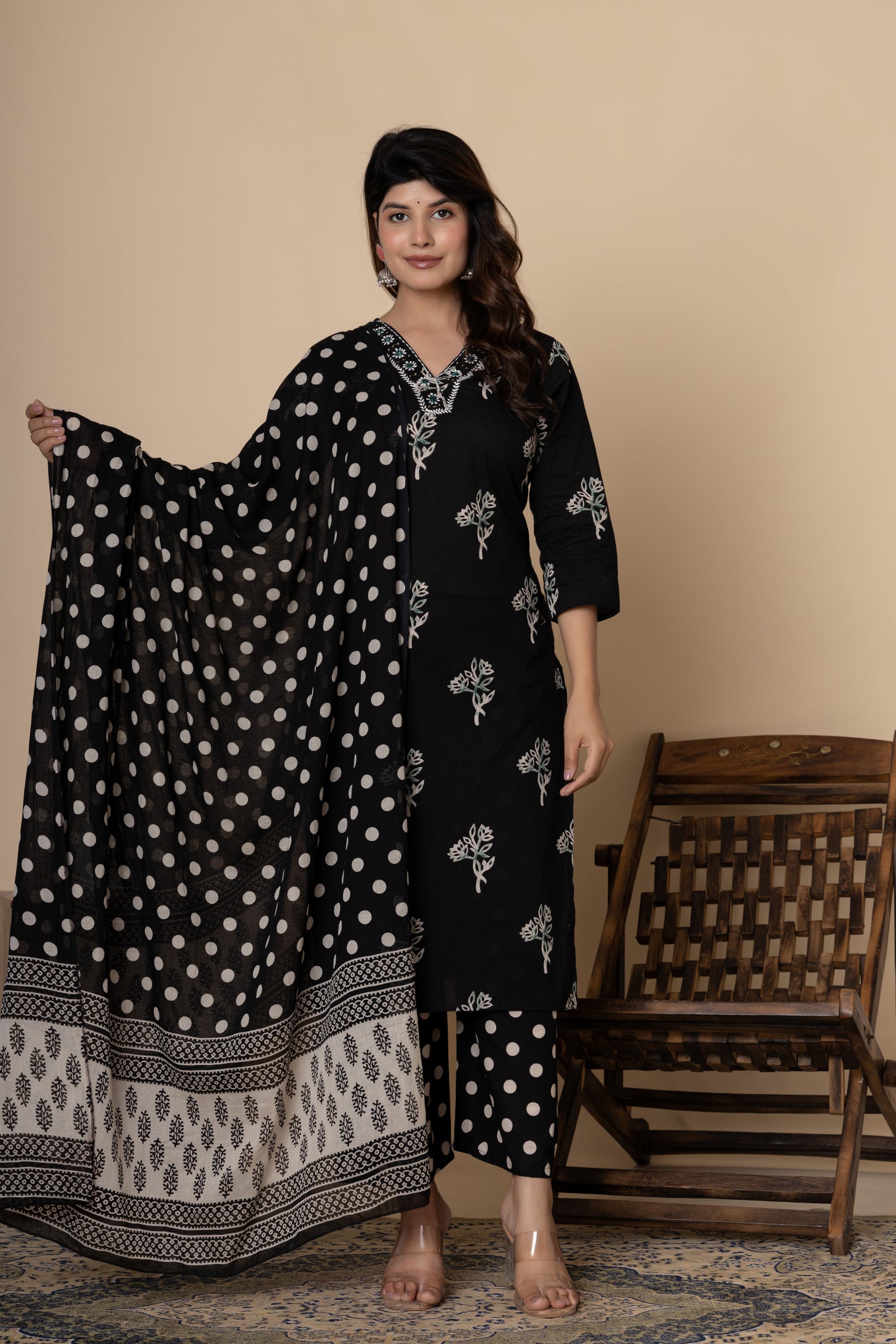 Black/Wine floral cotton kurta set