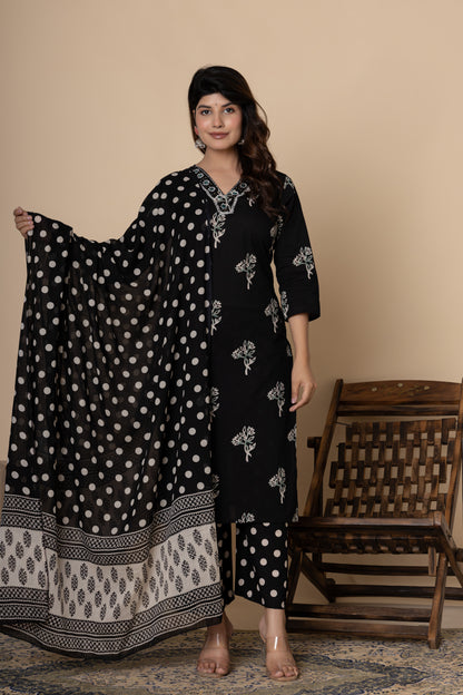 Black/Wine floral cotton kurta set
