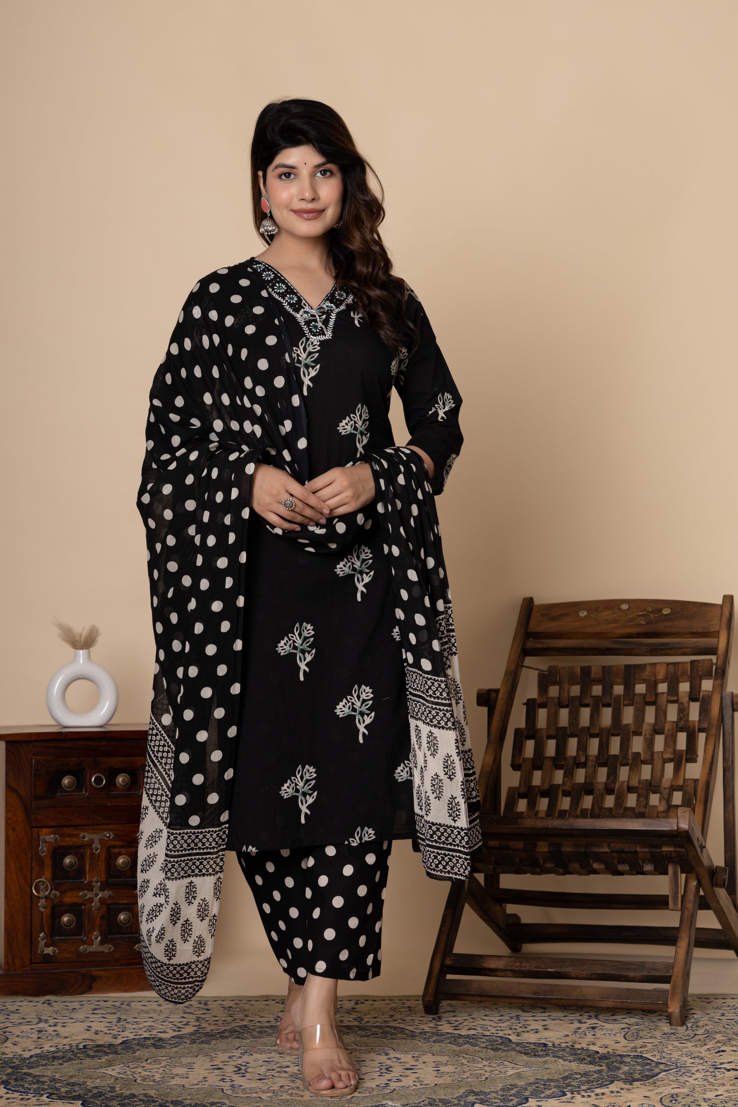 Black/Wine floral cotton kurta set