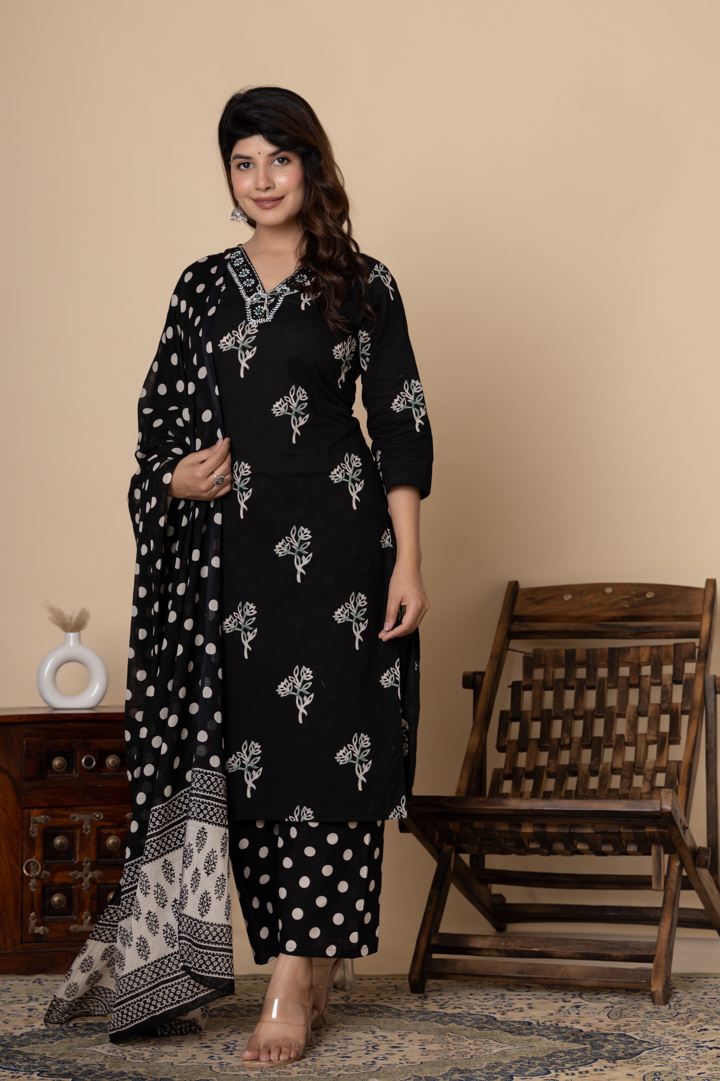Black/Wine floral cotton kurta set