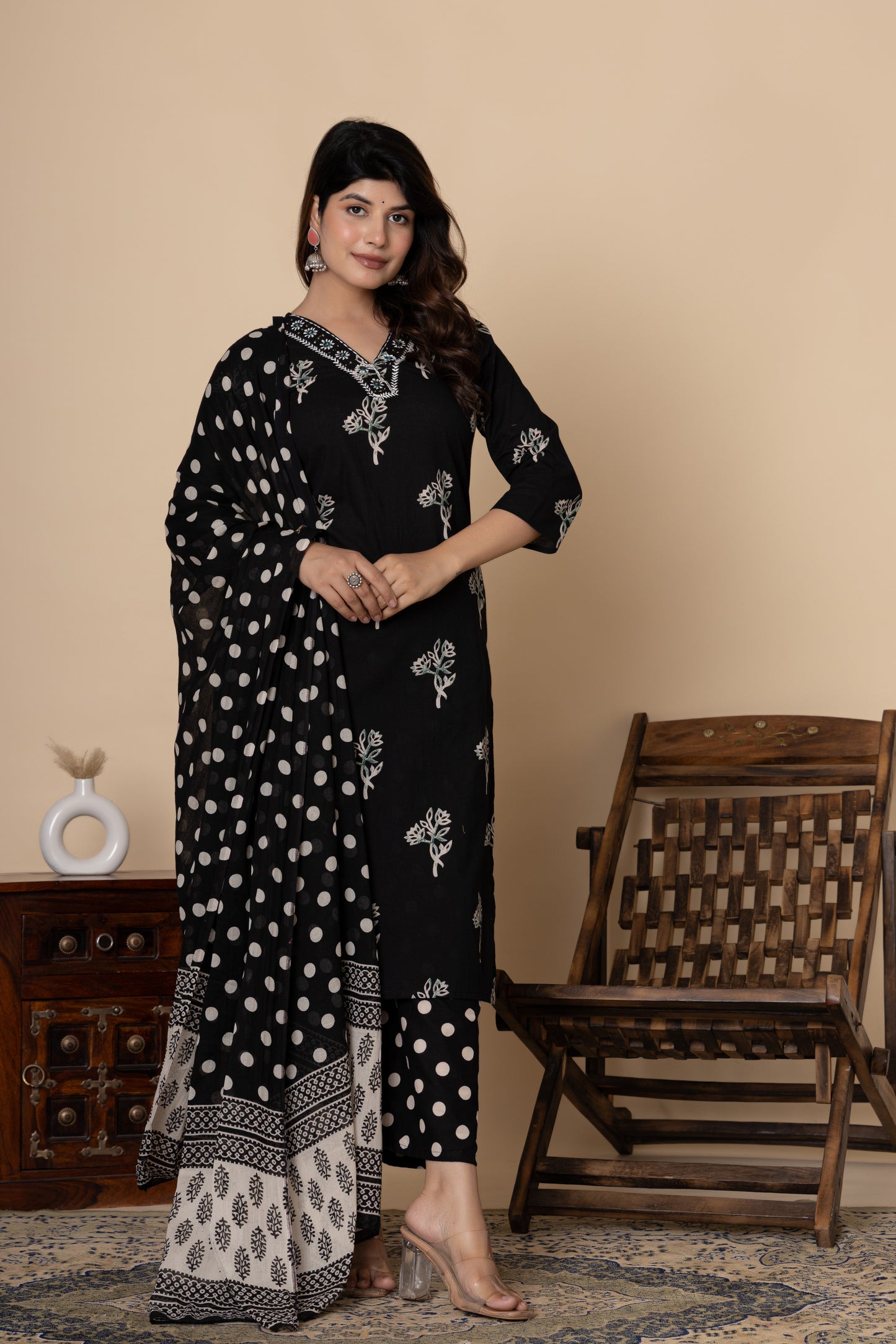 Black/Wine floral cotton kurta set