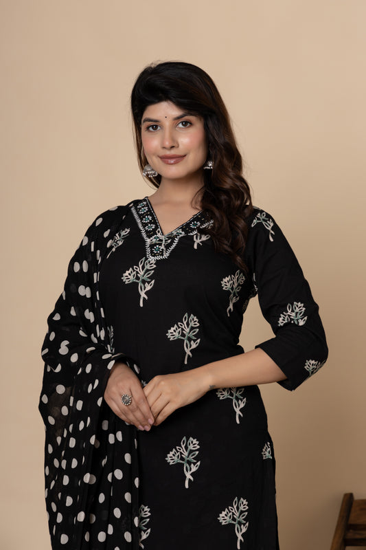 Black/Wine floral cotton kurta set
