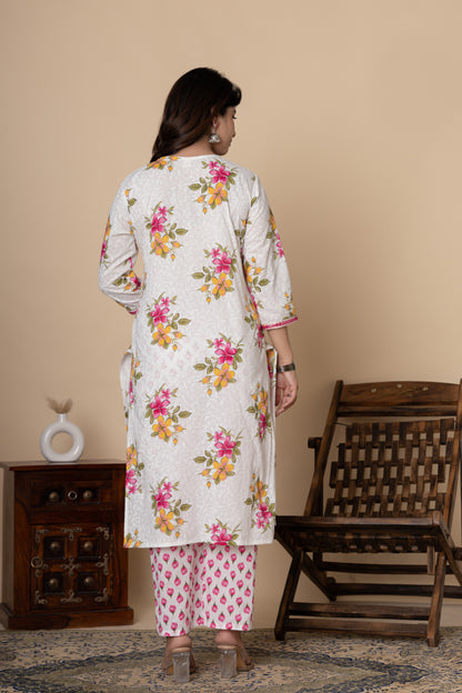 White & Pink floral print cotton kurti suit set