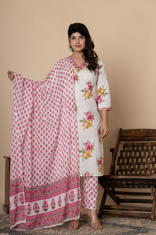 White & Pink floral print cotton kurti suit set
