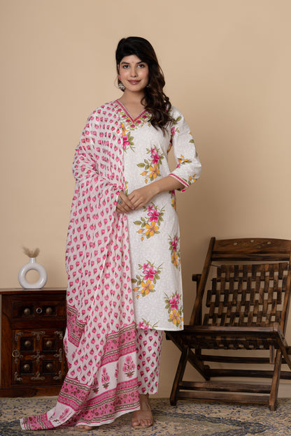 White & Pink floral print cotton kurti suit set