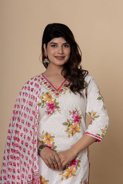 White & Pink floral print cotton kurti suit set