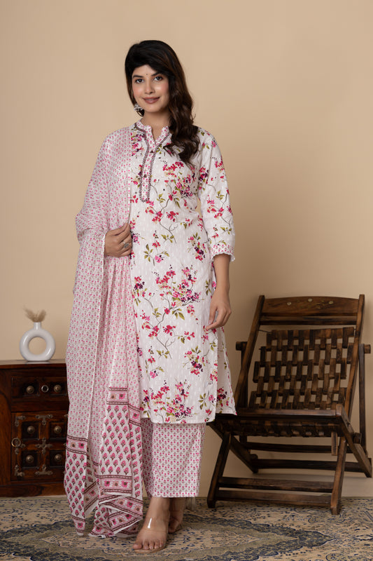White & pink floral cotton kurta set
