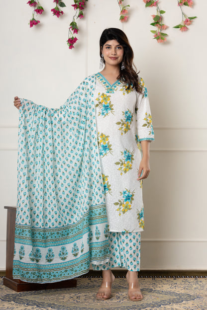 White & Pink floral print cotton kurti suit set