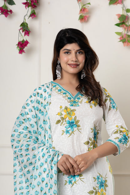 White & Pink floral print cotton kurti suit set