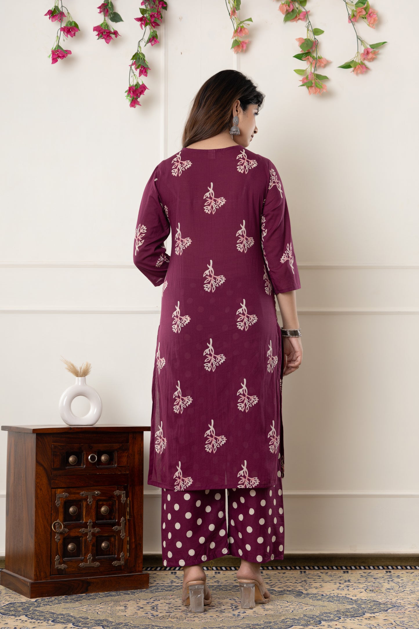 Black/Wine floral cotton kurta set