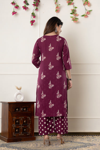 Black/Wine floral cotton kurta set