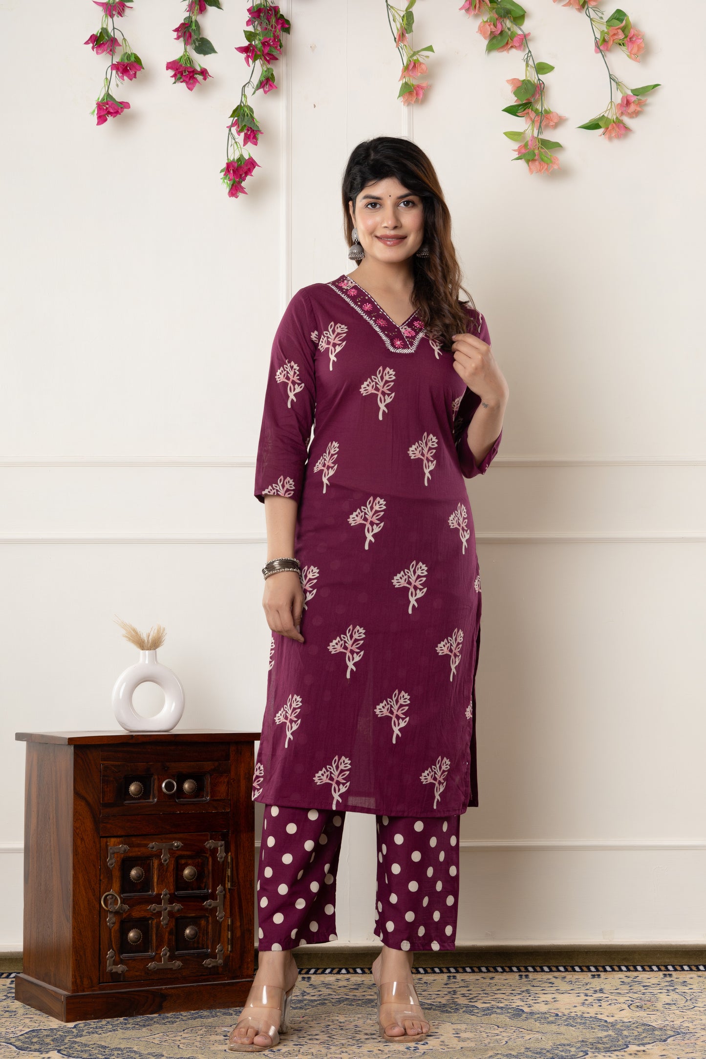 Black/Wine floral cotton kurta set