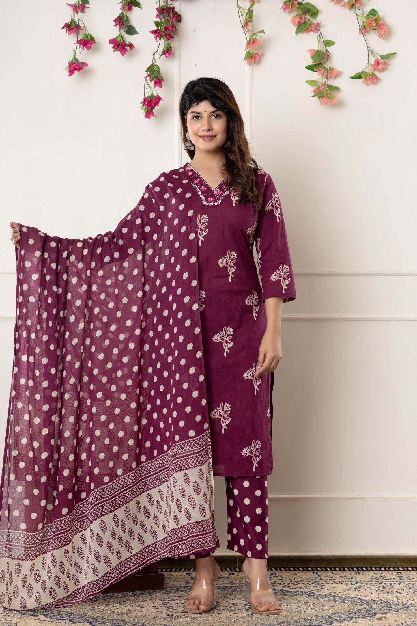 Black/Wine floral cotton kurta set