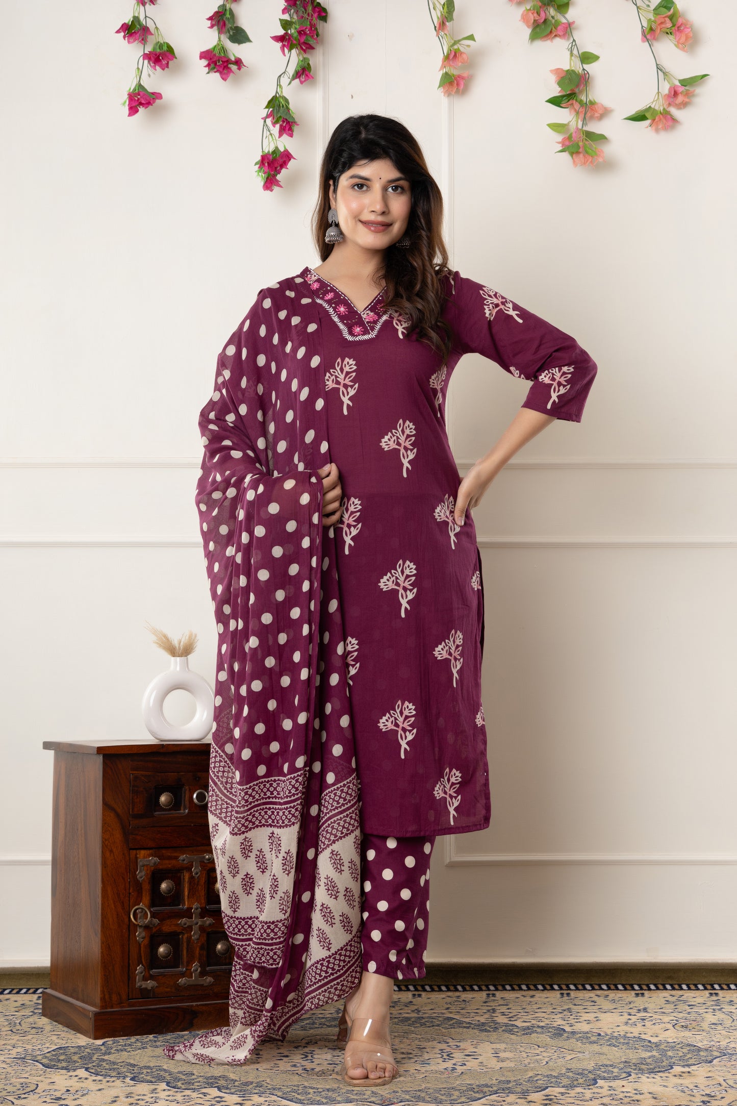 Black/Wine floral cotton kurta set