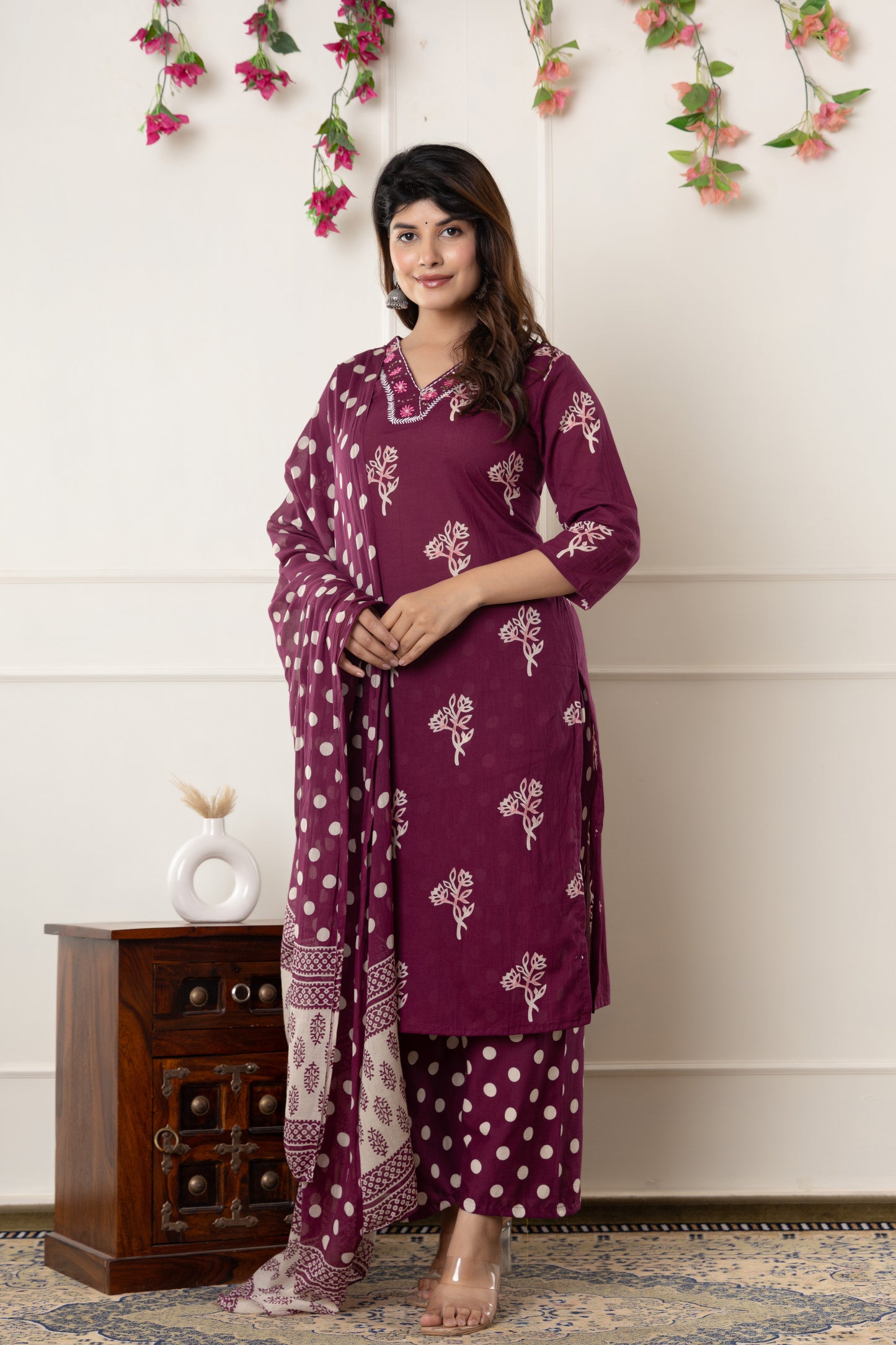 Black/Wine floral cotton kurta set