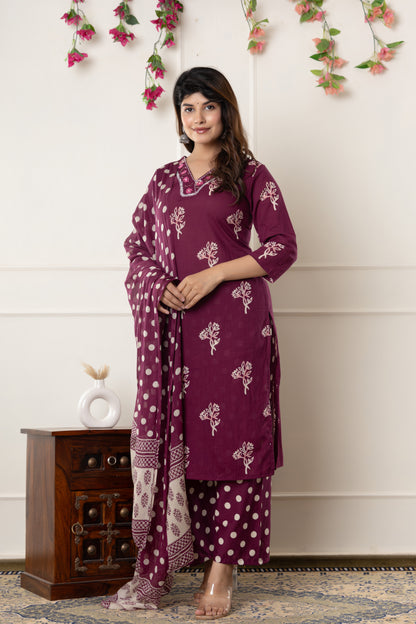 Black/Wine floral cotton kurta set