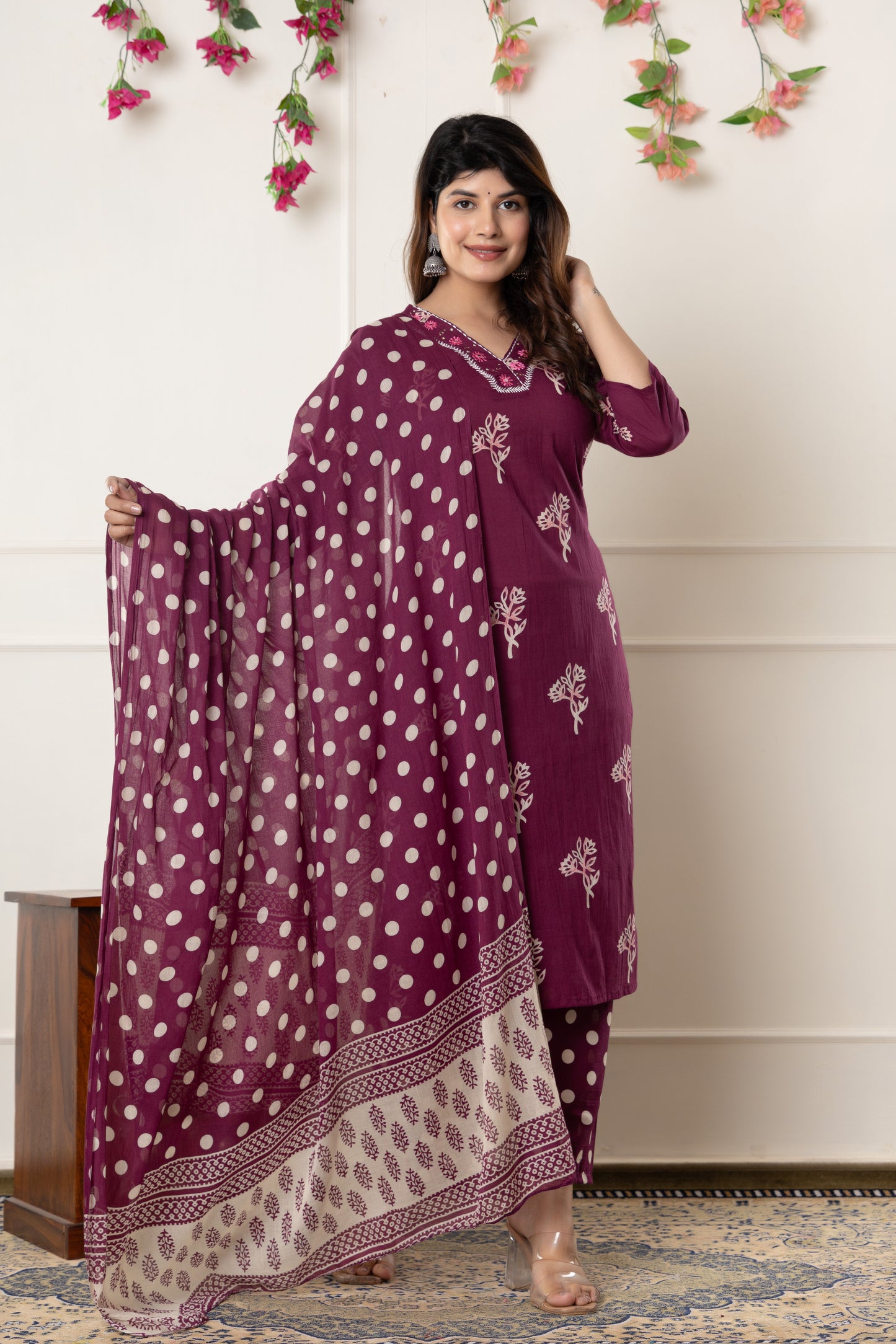 Black/Wine floral cotton kurta set