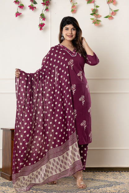 Black/Wine floral cotton kurta set