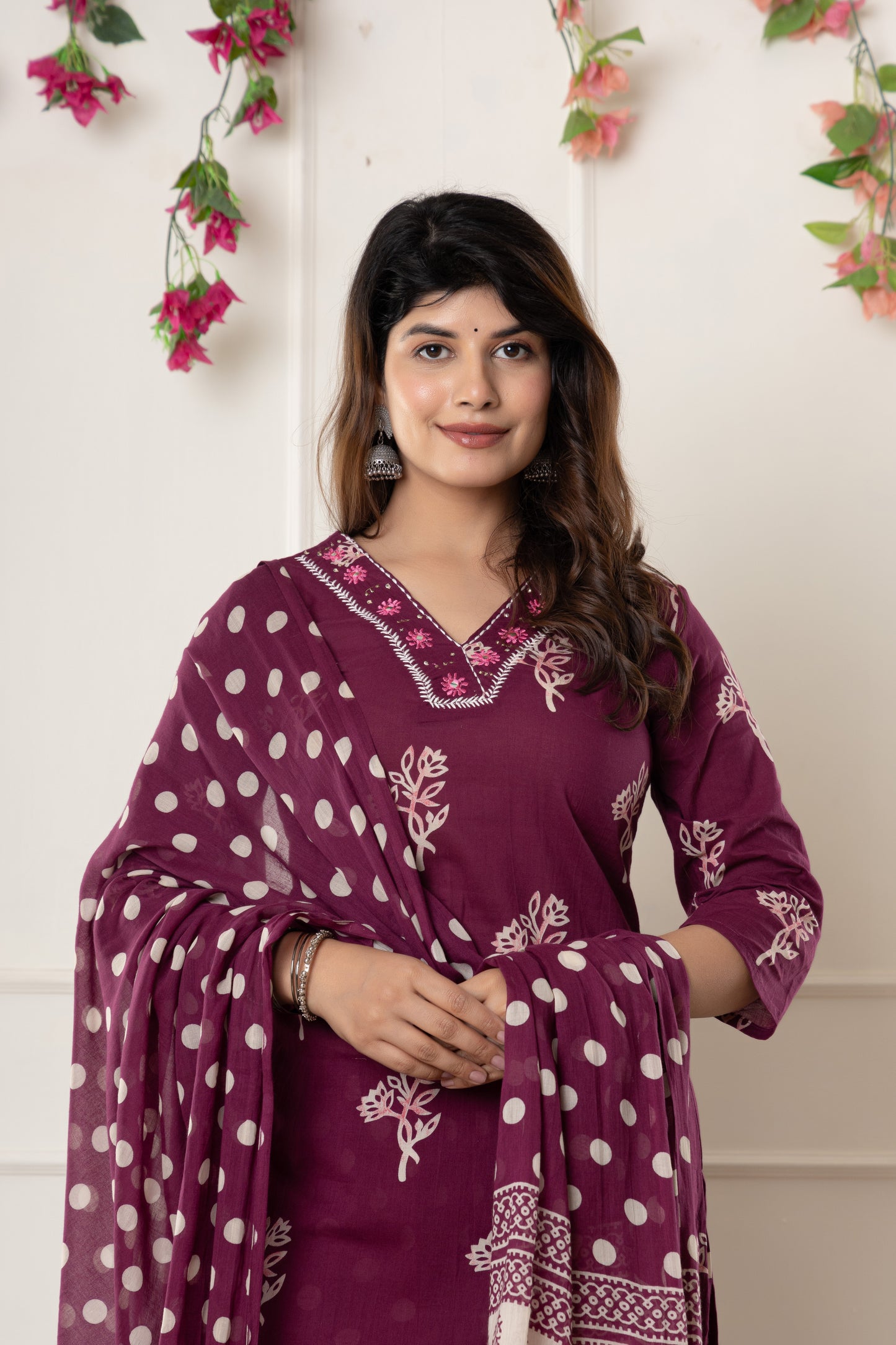 Black/Wine floral cotton kurta set