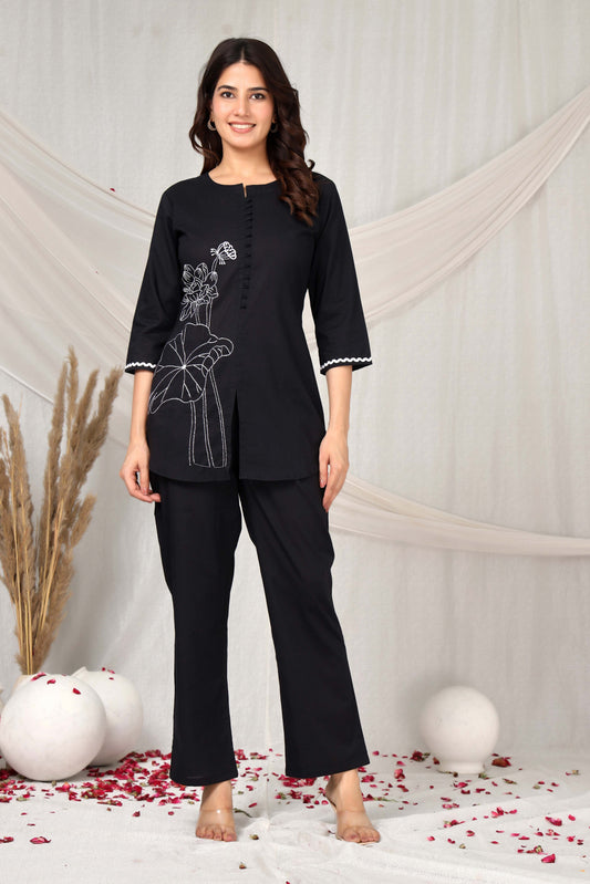 Rang Ease Midnight Grace Embroidered Cotton Co-Ord Set